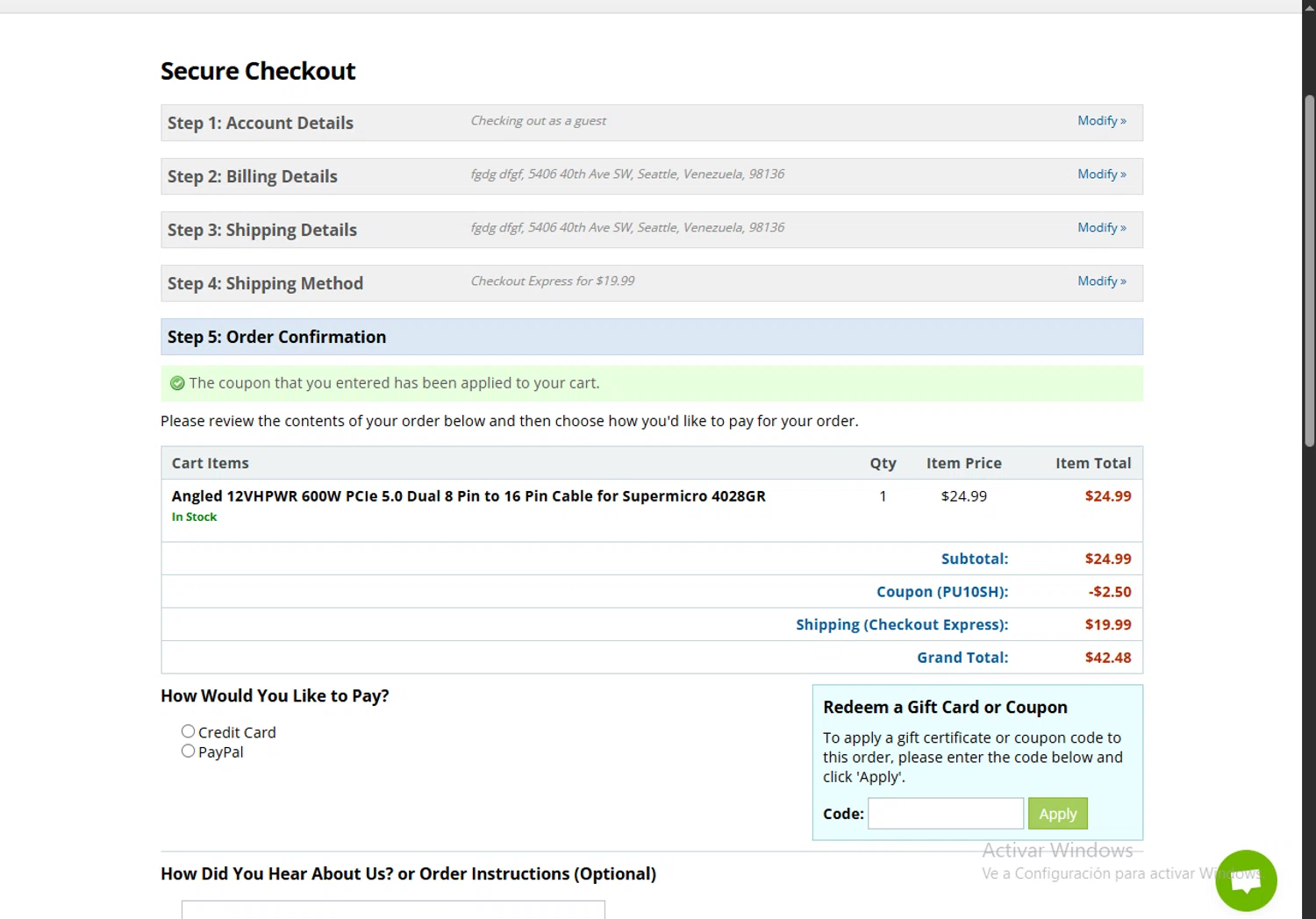modDIY coupon code screenshot showing code PU10SH applied at modDIY checkout page. Uploaded by SimplyCodes community member FortunateDefender7285 on Jun 30, 2025
