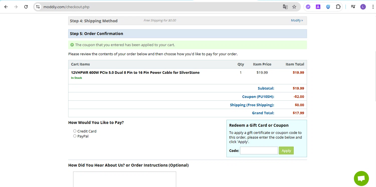 modDIY coupon code screenshot showing code PU10SH applied at modDIY checkout page. Uploaded by SimplyCodes community member NobleKnight286 on Jun 16, 2025