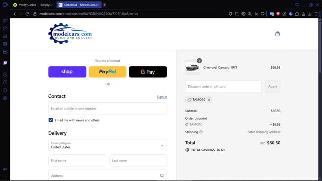 Model Cars checkout page showing Model Cars promo code box | Screenshot taken by SimplyCodes community member on Sep 16, 2025