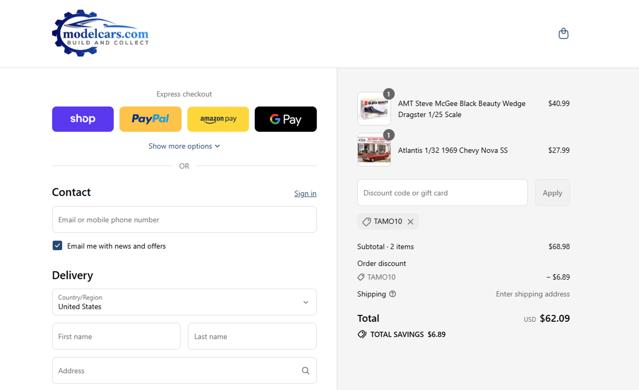 Model Cars checkout page showing Model Cars promo code box | Screenshot taken by SimplyCodes community member on Sep 16, 2025