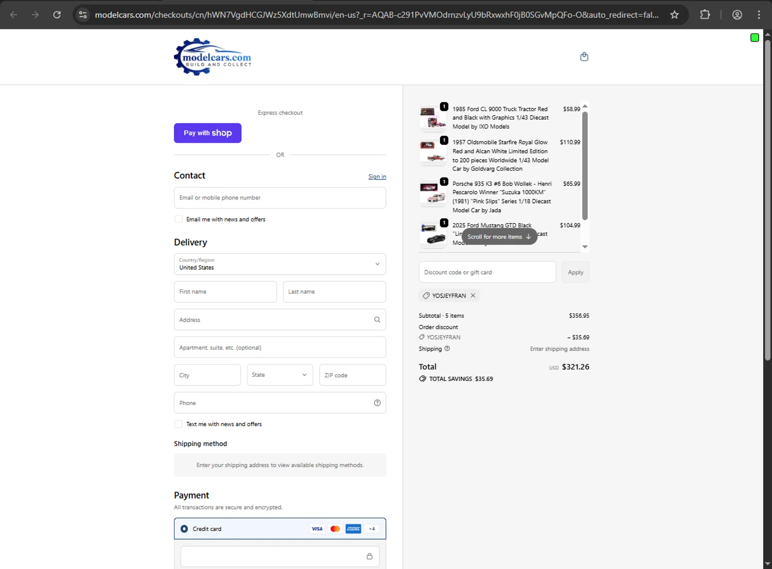 Model Cars promo code screenshot showing code YOSJEYFRAN applied at Model Cars checkout page. Uploaded by SimplyCodes community member webiwabo on Jan 12, 2026
