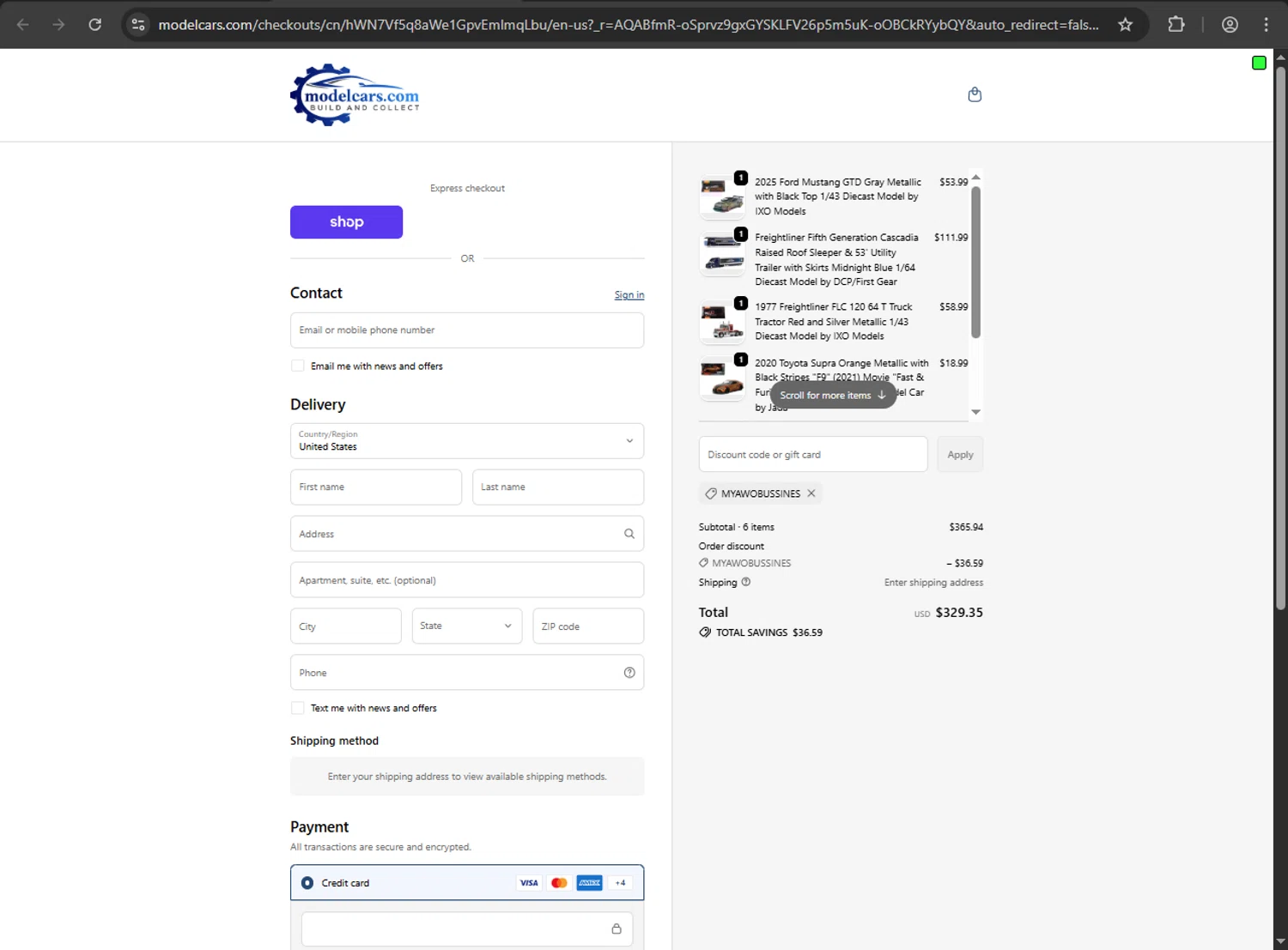 Model Cars promo code screenshot showing code MYAWOBUSSINES applied at Model Cars checkout page. Uploaded by SimplyCodes community member milennyzarraga on Jan 12, 2026