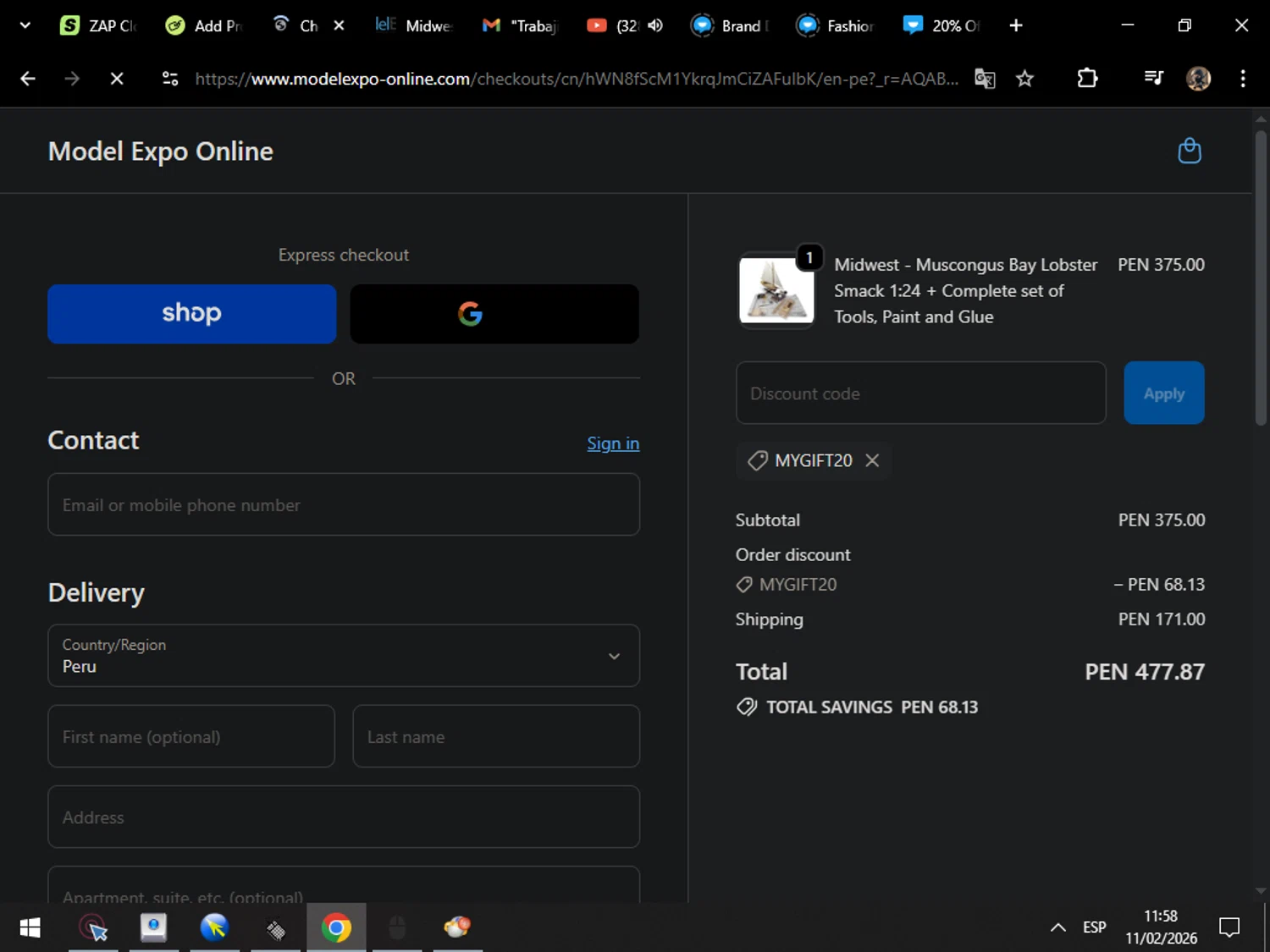 Model Expo promo code screenshot showing code MYGIFT20 applied at Model Expo checkout page. Uploaded by SimplyCodes community member MarcosAranguren on Feb 11, 2026