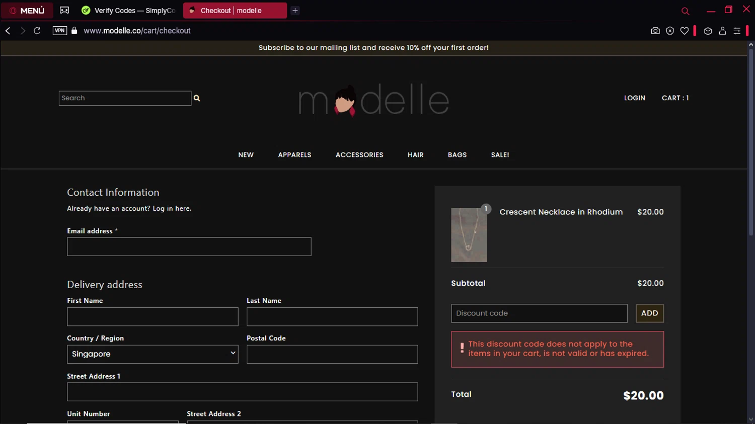 Modelle discount code screenshot showing code vanessa applied at Modelle checkout page. Uploaded by SimplyCodes community member Gabrielpato on Apr 18, 2025