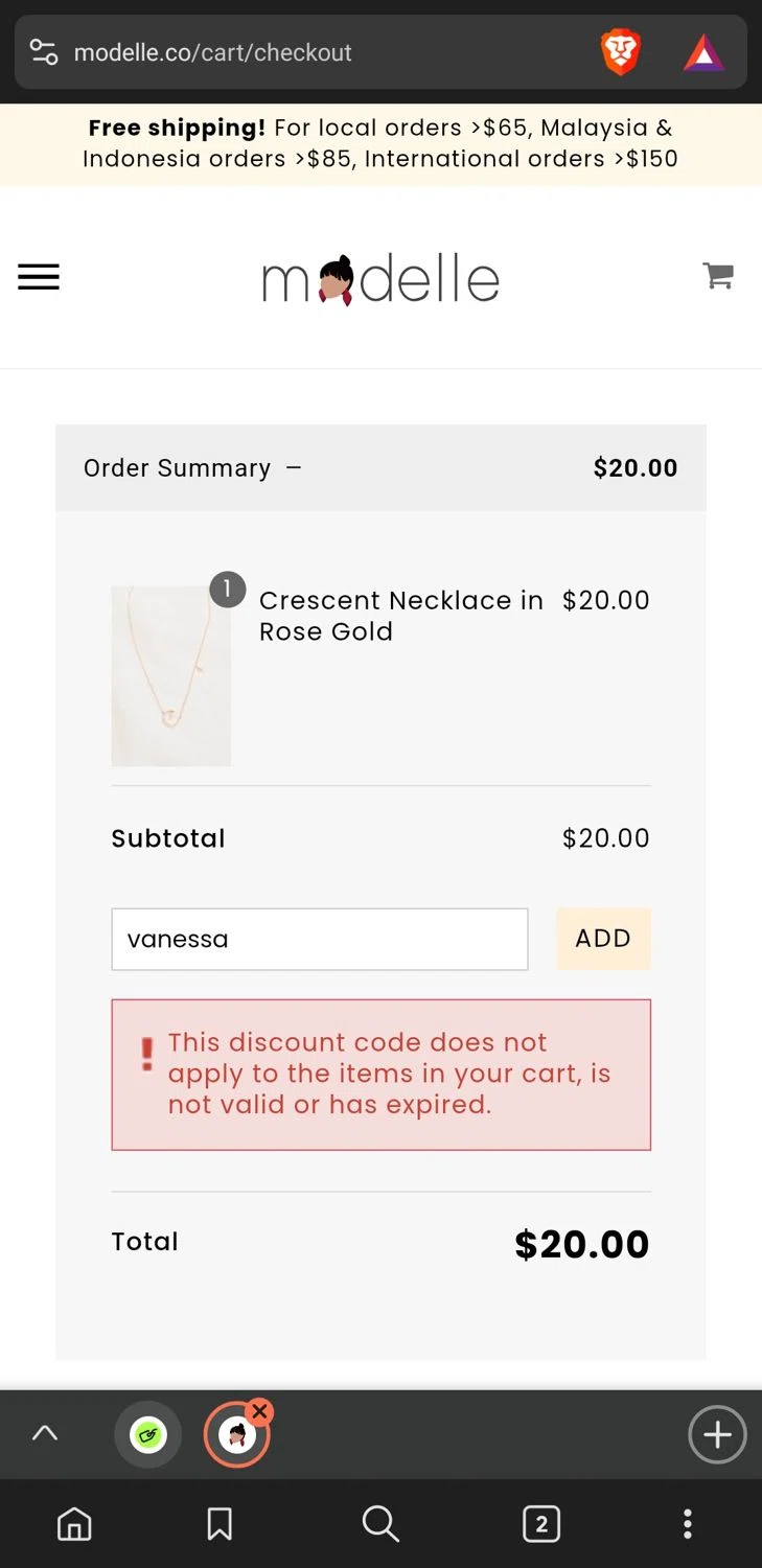 Modelle discount code screenshot showing code vanessa applied at Modelle checkout page. Uploaded by SimplyCodes community member xxdddd on Apr 18, 2025