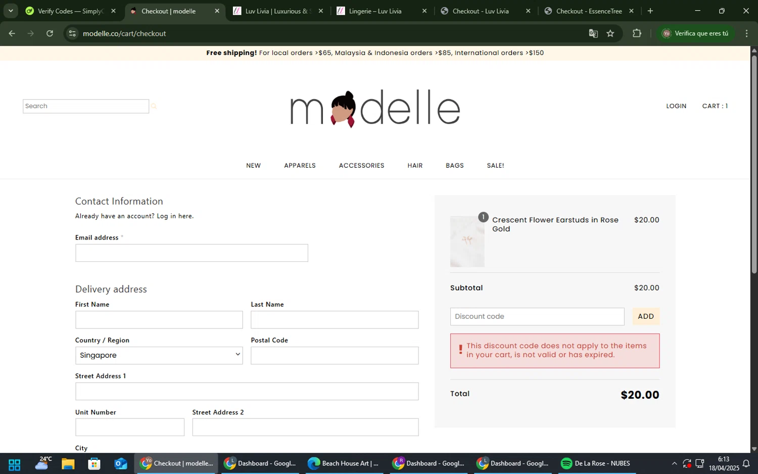 Modelle discount code screenshot showing code NINENINE applied at Modelle checkout page. Uploaded by SimplyCodes community member ElCazarecompensas on Apr 18, 2025