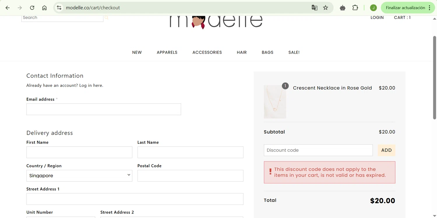 Modelle discount code screenshot showing code TENTEN applied at Modelle checkout page. Uploaded by SimplyCodes community member ShrewdChaser7973 on Apr 18, 2025