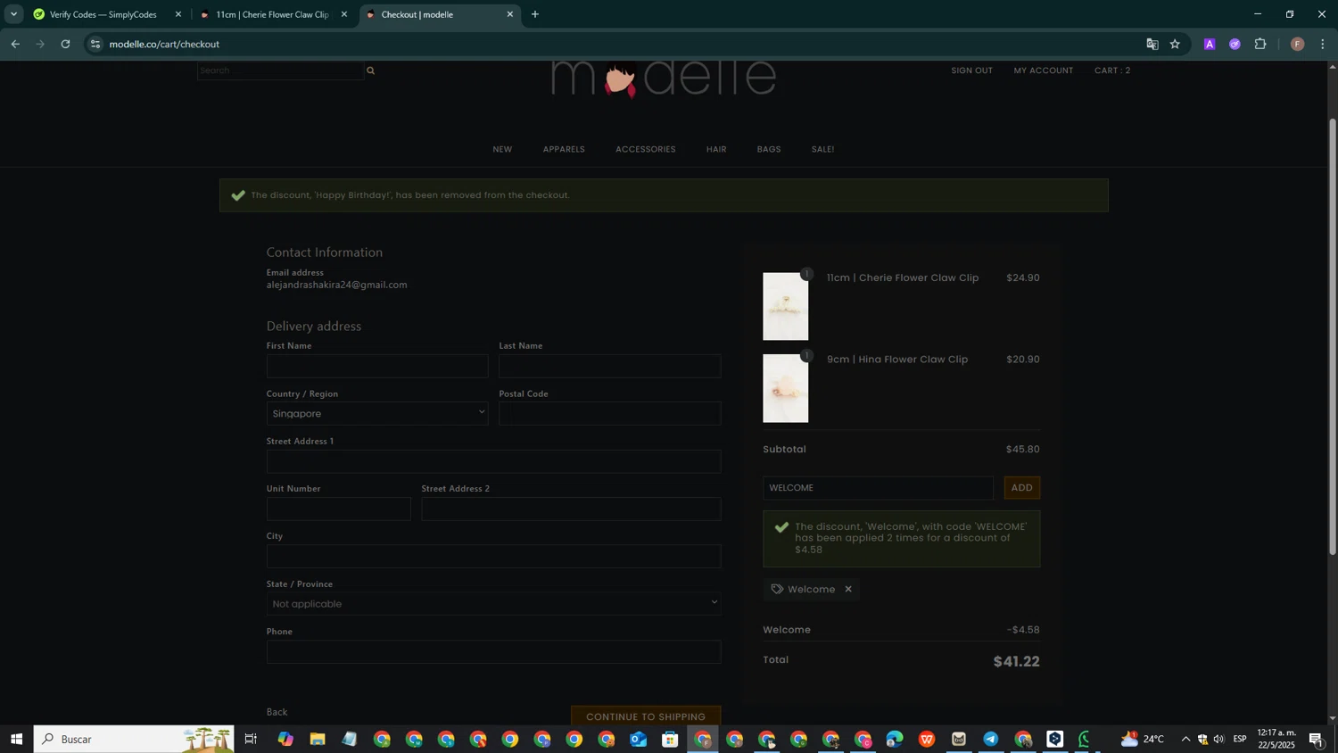 Modelle discount code screenshot showing code WELCOME applied at Modelle checkout page. Uploaded by SimplyCodes community member ValiantCollector267 on May 22, 2025