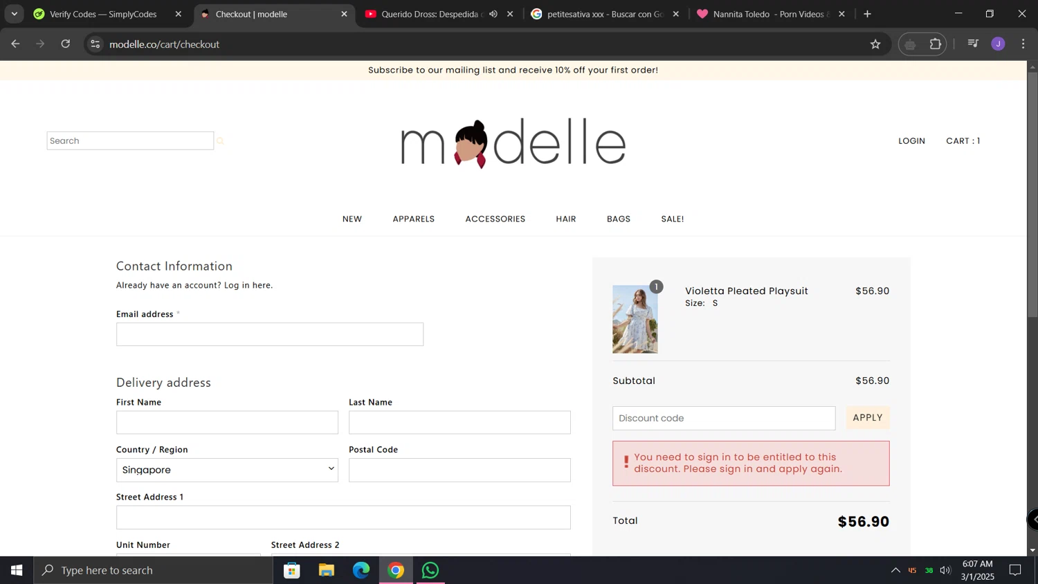 Modelle checkout page showing Modelle discount code box | Screenshot taken by SimplyCodes community member on Mar 1, 2025