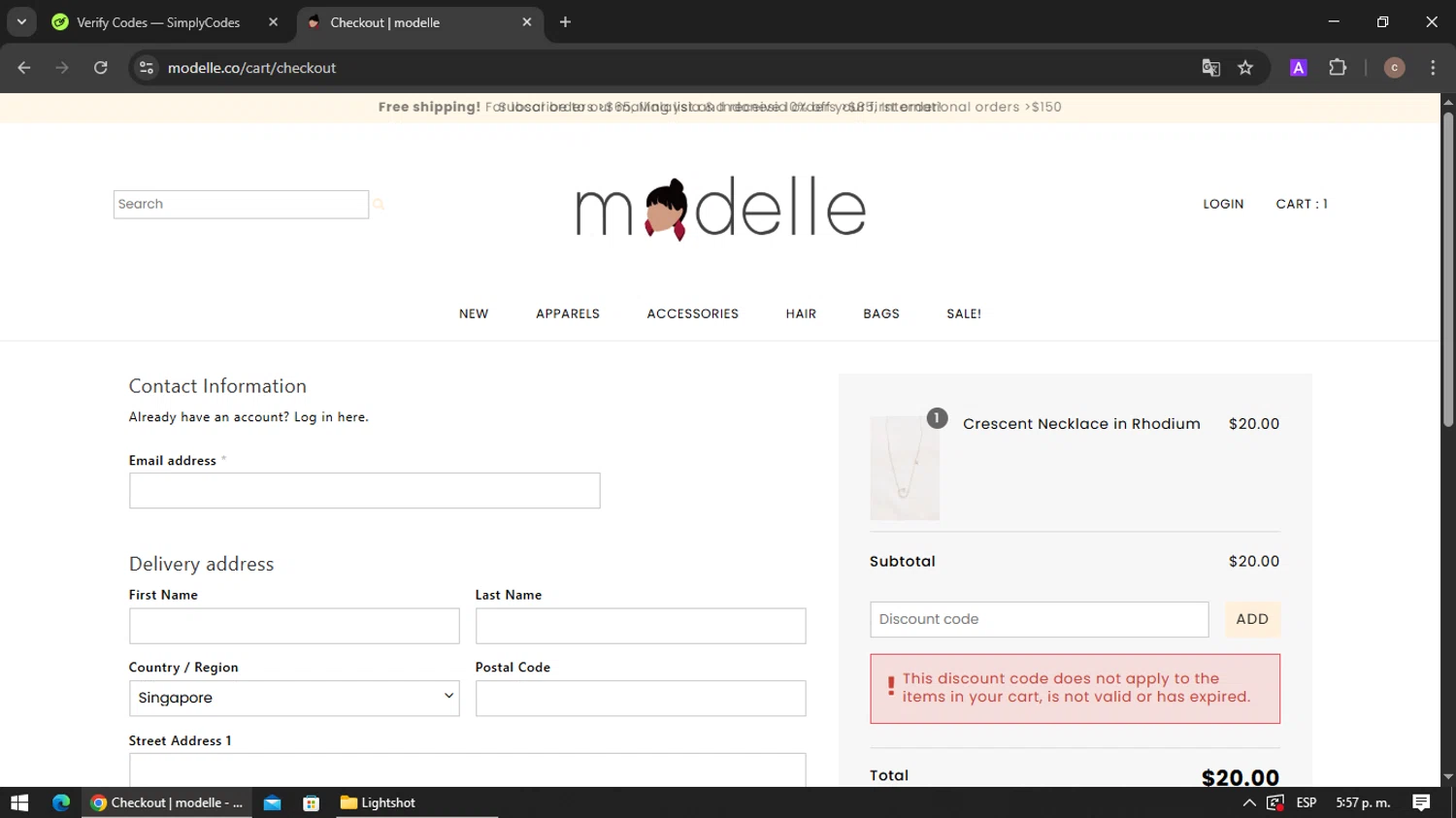 Modelle discount code screenshot showing code app10 applied at Modelle checkout page. Uploaded by SimplyCodes community member VoucherRanger901 on Apr 18, 2025