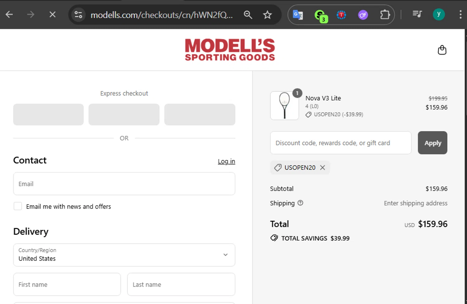 Modell's Sporting Goods promo code screenshot showing code USOPEN20 applied at Modell's Sporting Goods checkout page. Uploaded by SimplyCodes community member 502312 on Sep 6, 2025