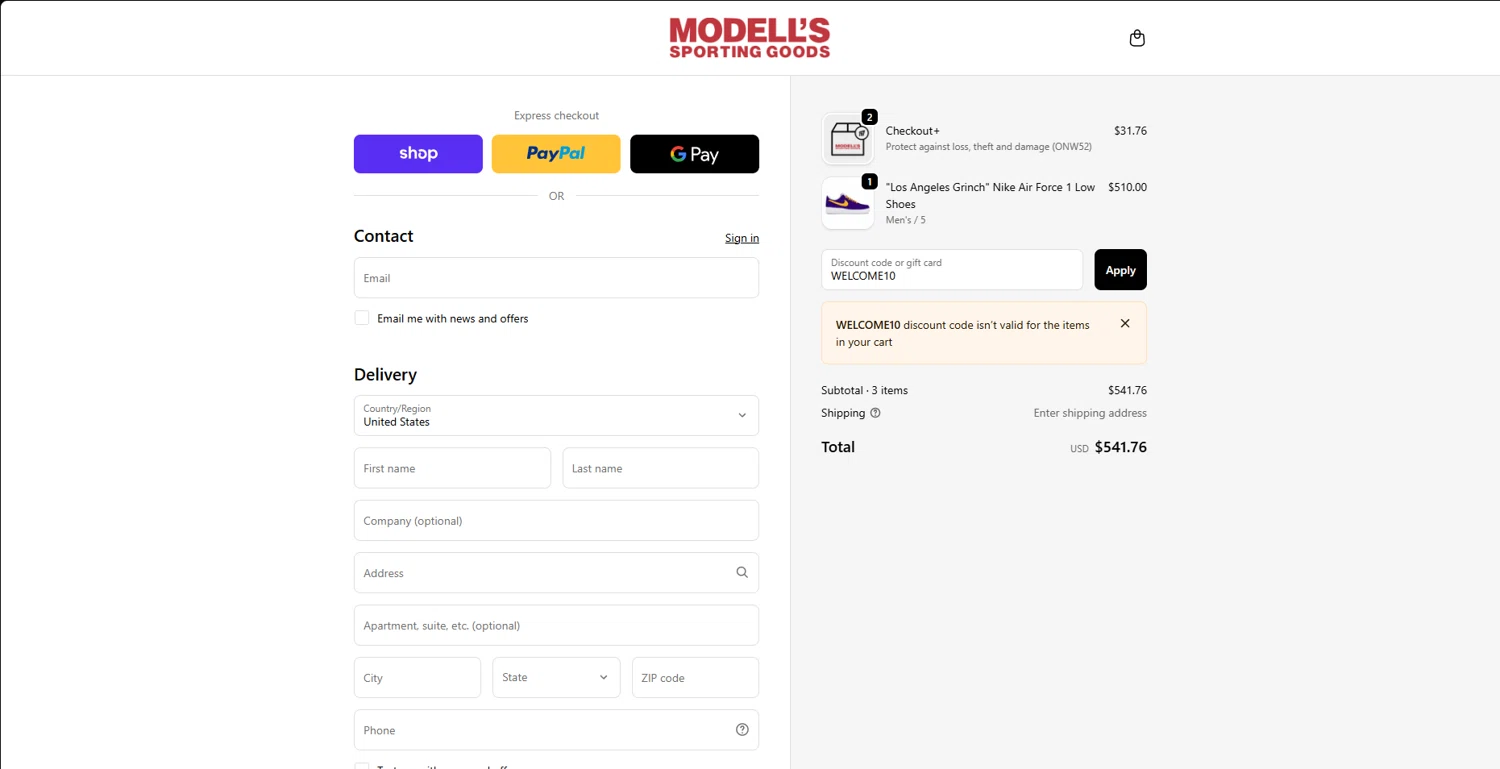 Modell's Sporting Goods promo code screenshot showing code WELCOME10 applied at Modell's Sporting Goods checkout page. Uploaded by SimplyCodes community member JAKEELDOG on Dec 9, 2025