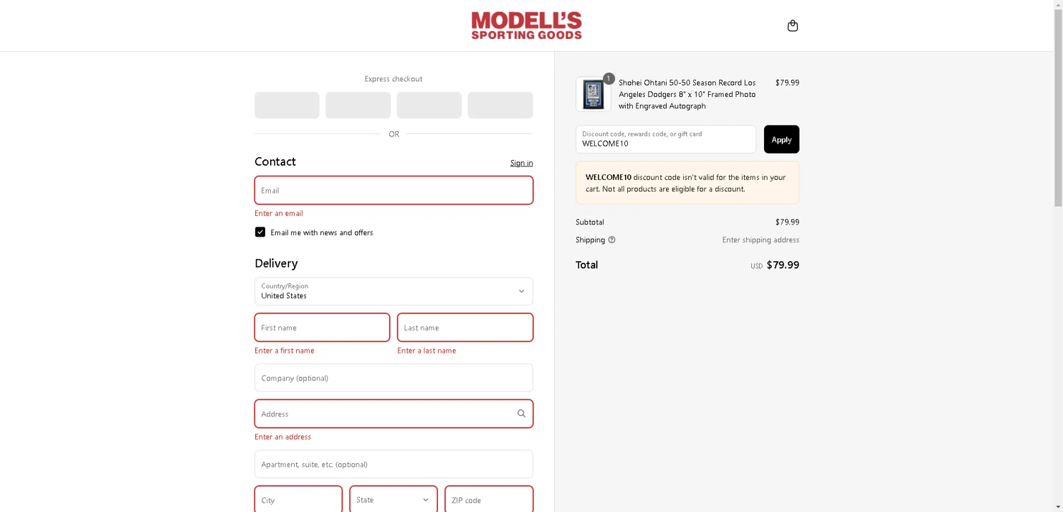 Modell's Sporting Goods promo code screenshot showing code WELCOME10 applied at Modell's Sporting Goods checkout page. Uploaded by SimplyCodes community member PromoElite4745 on Sep 13, 2025