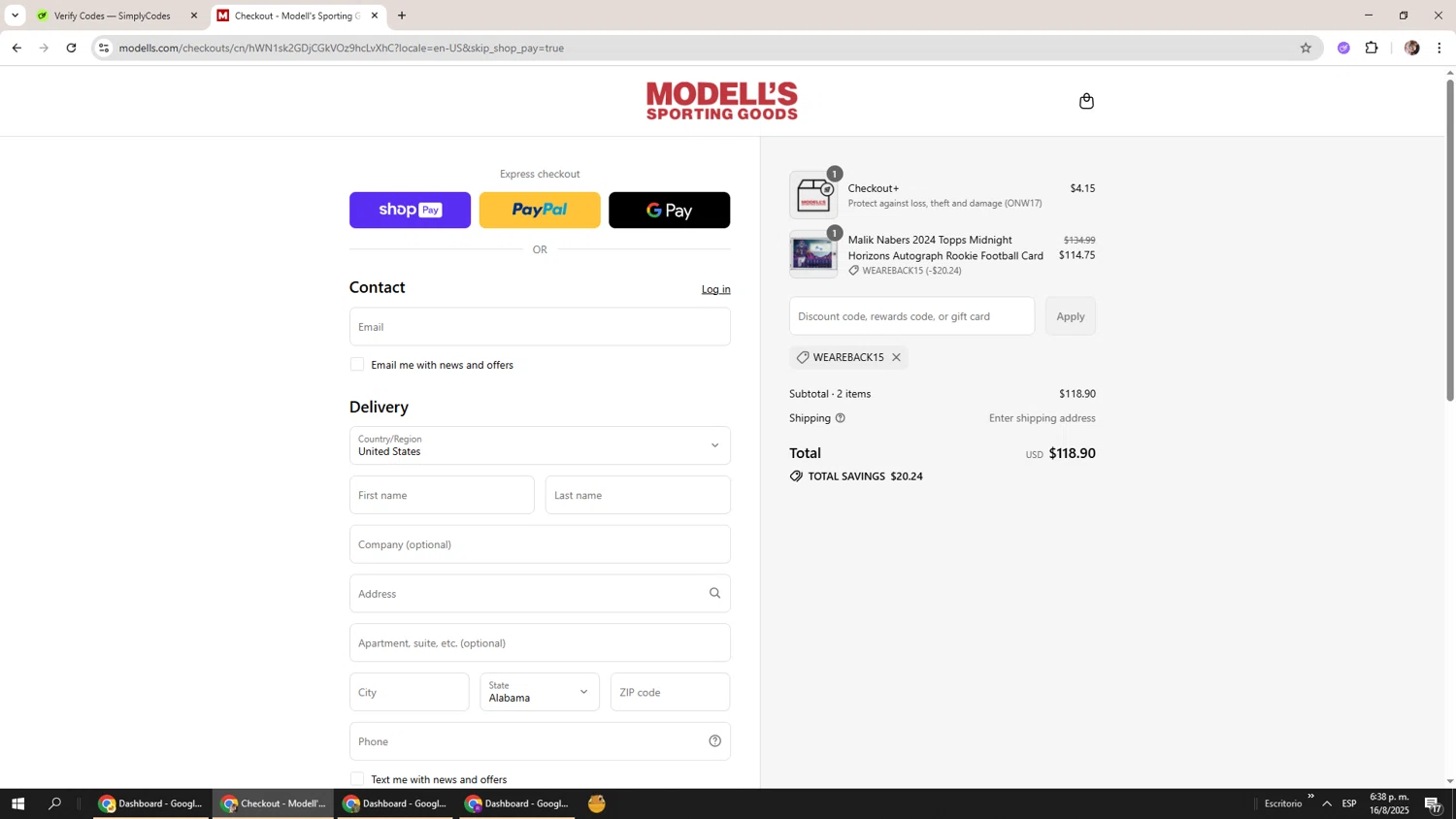 Modell's Sporting Goods checkout page showing Modell's Sporting Goods promo code box | Screenshot taken by SimplyCodes community member on Aug 16, 2025