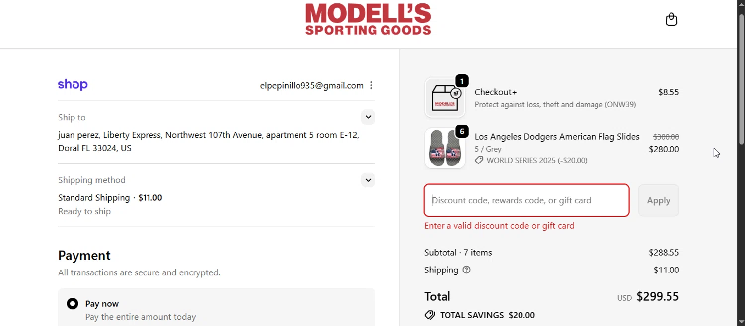 Modell's Sporting Goods promo code screenshot showing code SLIDE25 applied at Modell's Sporting Goods checkout page. Uploaded by SimplyCodes community member Enmanuel99 on Oct 24, 2025