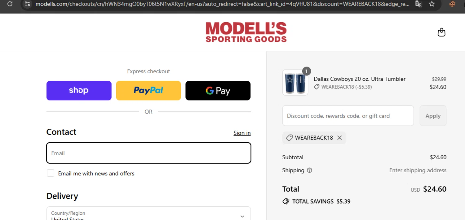Modell's Sporting Goods promo code screenshot showing code WEAREBACK18 applied at Modell's Sporting Goods checkout page. Uploaded by SimplyCodes community member javierprez on Sep 17, 2025