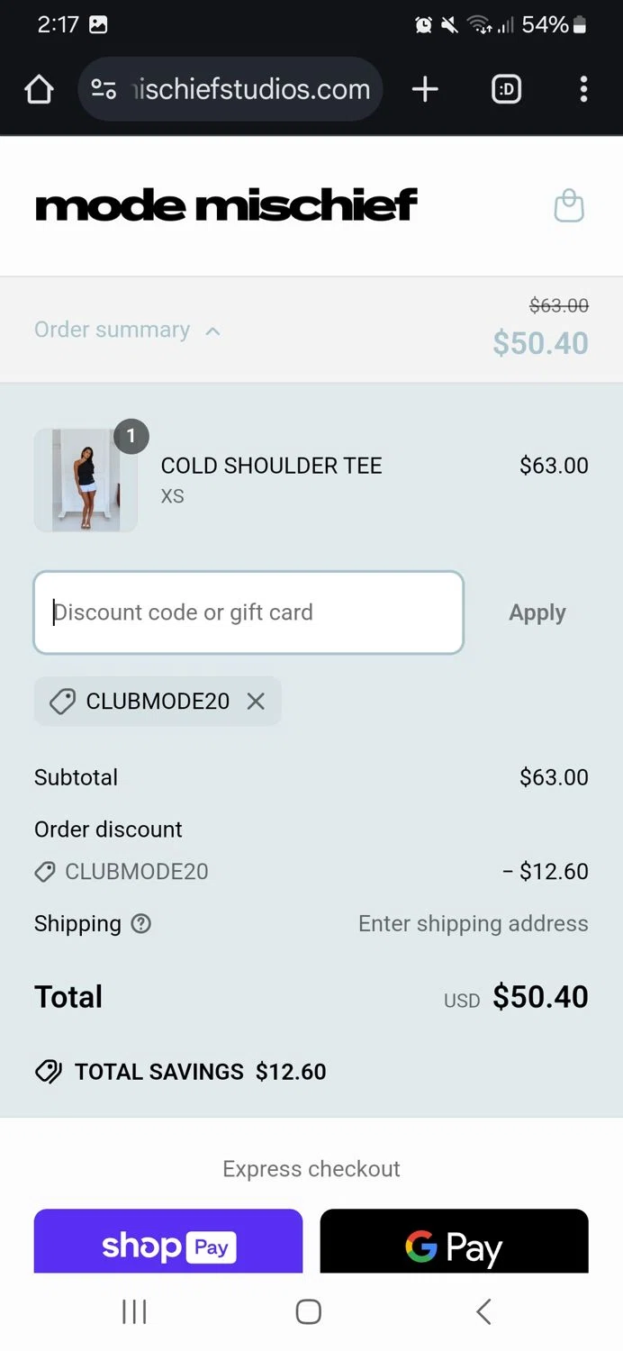 Mode Mischief Studios checkout page showing Mode Mischief Studios promo code box | Screenshot taken by SimplyCodes community member on Apr 19, 2025