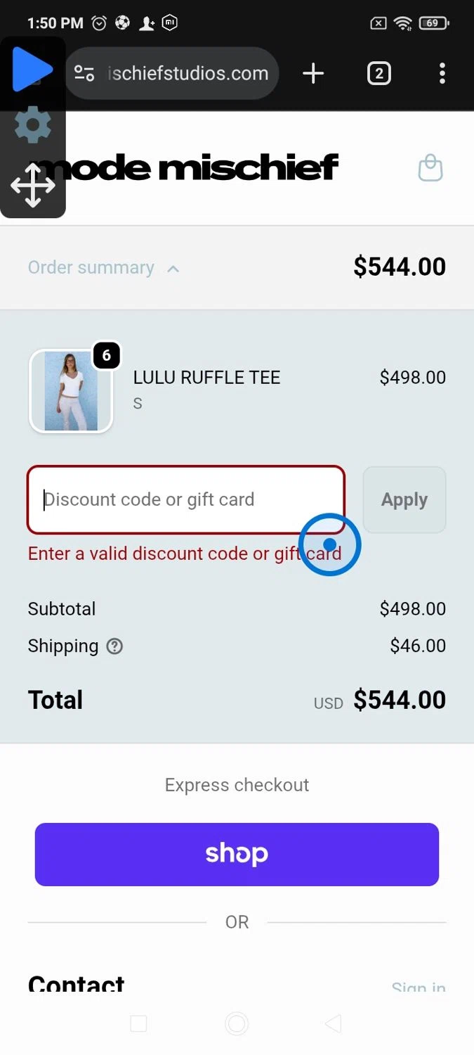 Mode Mischief Studios promo code screenshot showing code CLUBMODE20 applied at Mode Mischief Studios checkout page. Uploaded by SimplyCodes community member Papiex on Feb 14, 2026