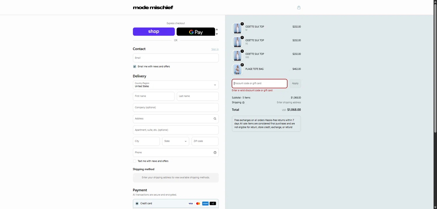 Mode Mischief Studios promo code screenshot showing code CLUBMODE20 applied at Mode Mischief Studios checkout page. Uploaded by SimplyCodes community member ValiantCollector5333 on Feb 19, 2026