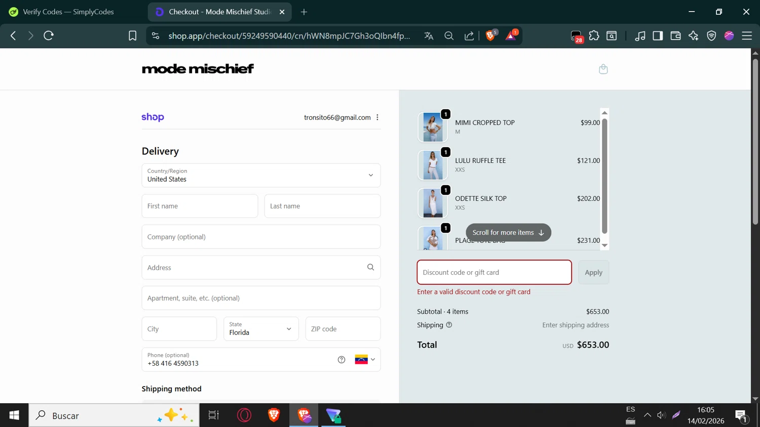 Mode Mischief Studios promo code screenshot showing code CLUBMODE20 applied at Mode Mischief Studios checkout page. Uploaded by SimplyCodes community member ValueSaver6763 on Feb 14, 2026