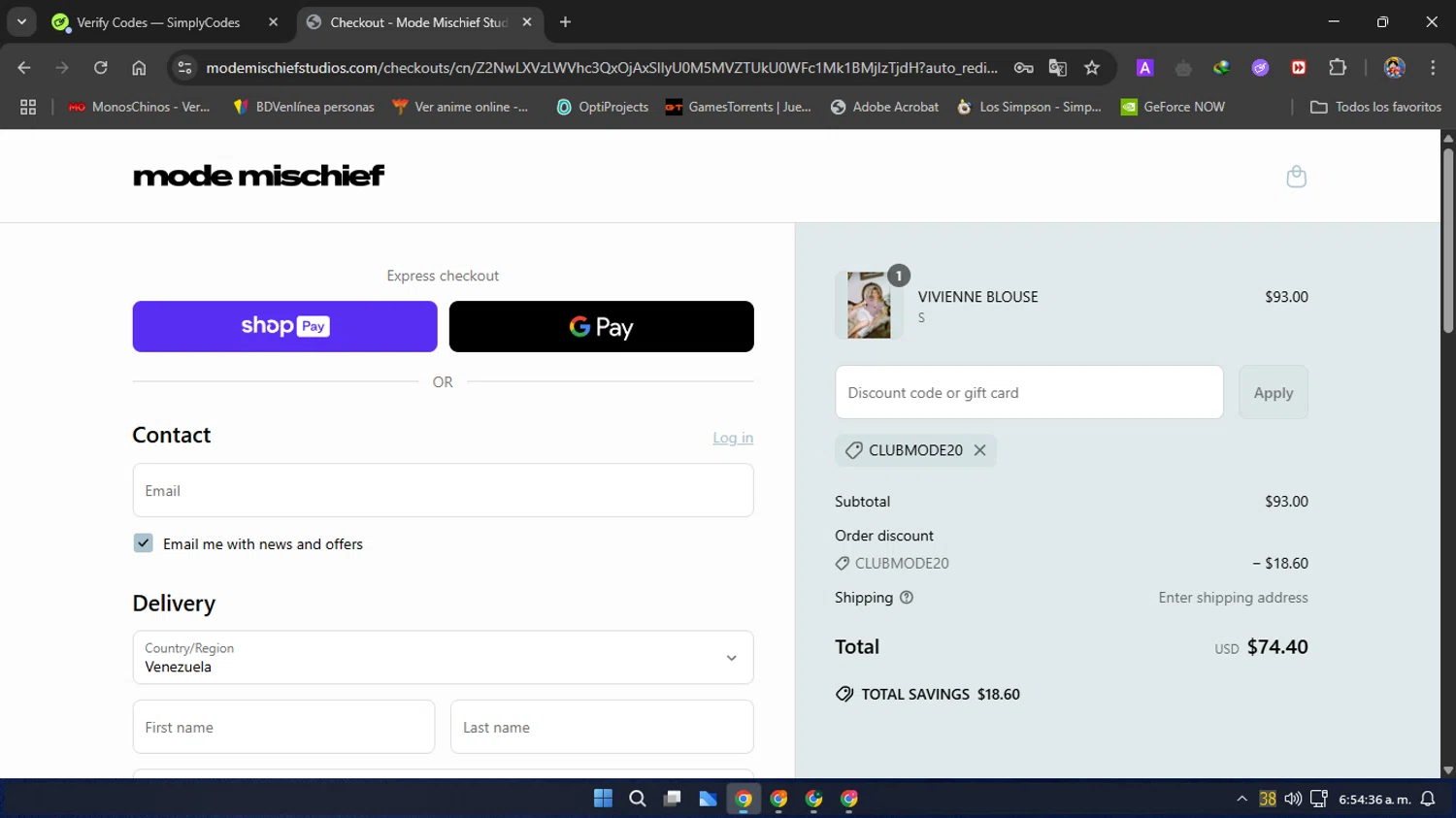 Mode Mischief Studios checkout page showing Mode Mischief Studios promo code box | Screenshot taken by SimplyCodes community member on Apr 5, 2025