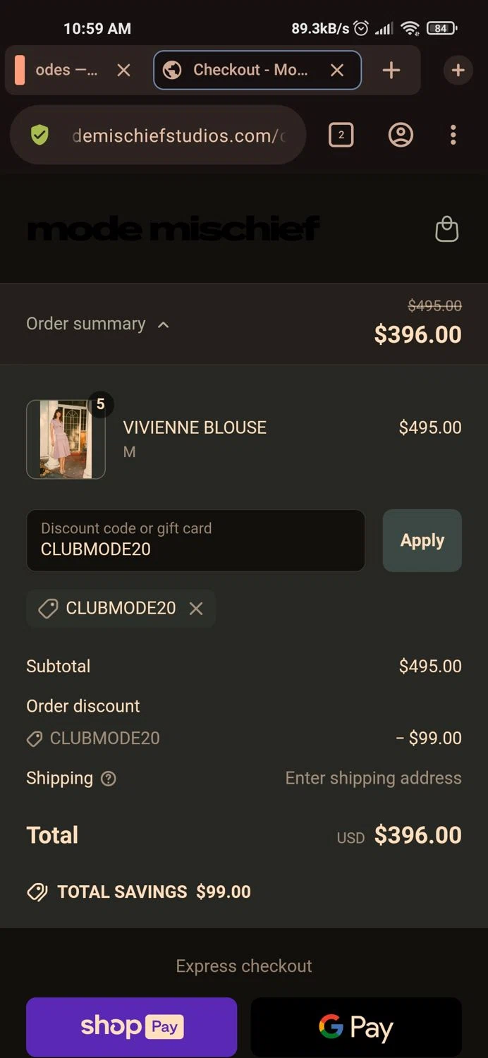 Mode Mischief Studios checkout page showing Mode Mischief Studios promo code box | Screenshot taken by SimplyCodes community member on May 16, 2025