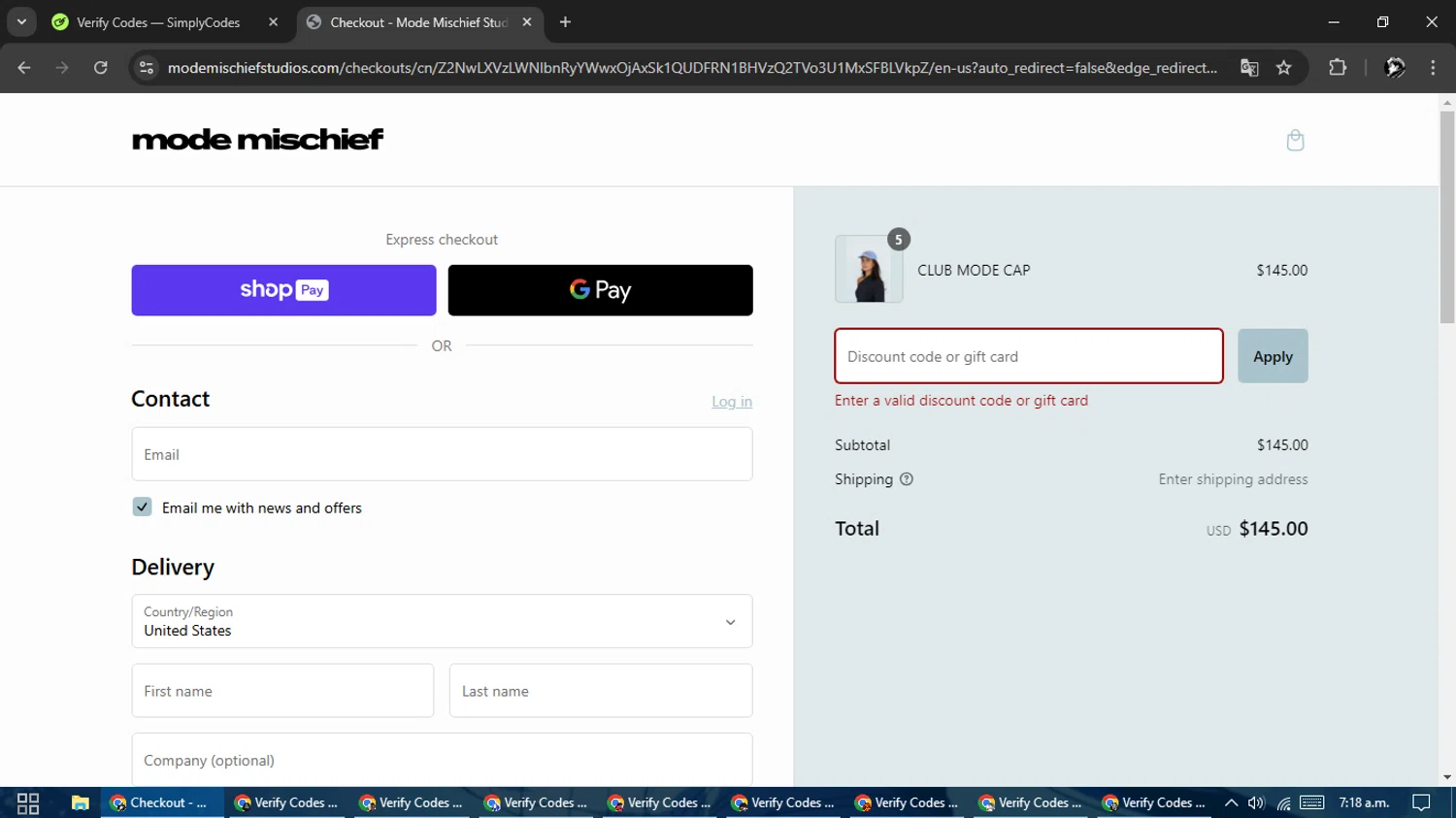Mode Mischief Studios promo code screenshot showing code BIRTHDAYMODE applied at Mode Mischief Studios checkout page. Uploaded by SimplyCodes community member SavvyChaser6563 on Feb 22, 2025