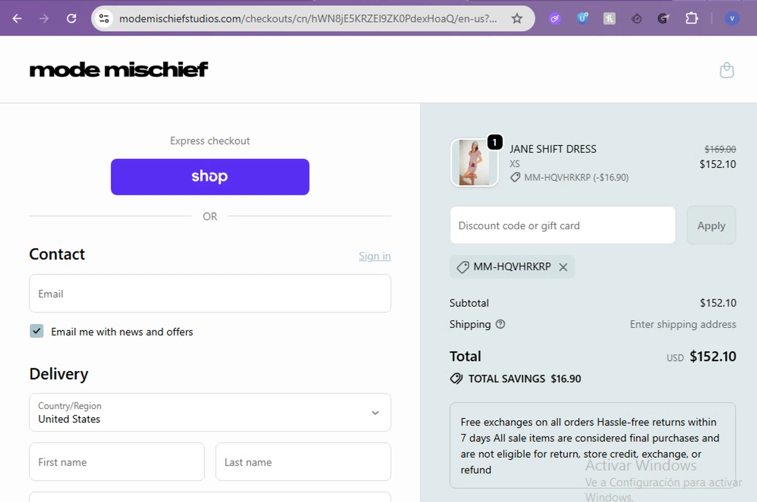 Mode Mischief Studios promo code screenshot showing code MM-HQVHRKRP applied at Mode Mischief Studios checkout page. Uploaded by SimplyCodes community member beatrizcastillo on Feb 14, 2026