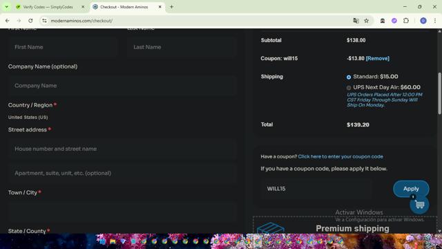 Modern Aminos checkout page showing Modern Aminos discount code box | Screenshot taken by SimplyCodes community member on Aug 24, 2025