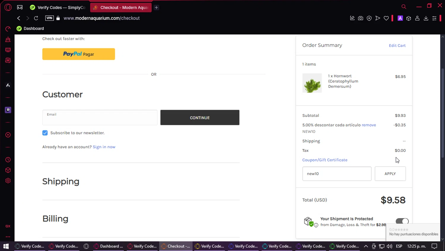 Modern Aquarium coupon code screenshot showing code new10 applied at Modern Aquarium checkout page. Uploaded by SimplyCodes community member vip_100 on Apr 18, 2025
