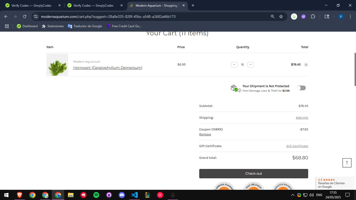 Modern Aquarium coupon code screenshot showing code 10BRK applied at Modern Aquarium checkout page. Uploaded by SimplyCodes community member DIOSESMIGUIA on May 24, 2025