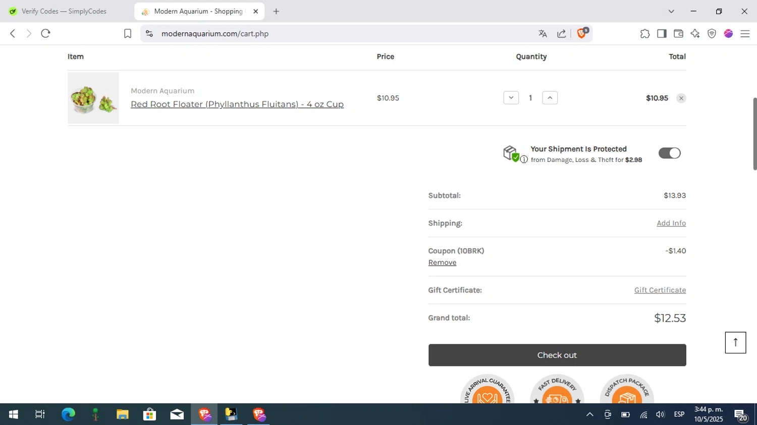 Modern Aquarium coupon code screenshot showing code 10BRK applied at Modern Aquarium checkout page. Uploaded by SimplyCodes community member Pitochu on May 10, 2025