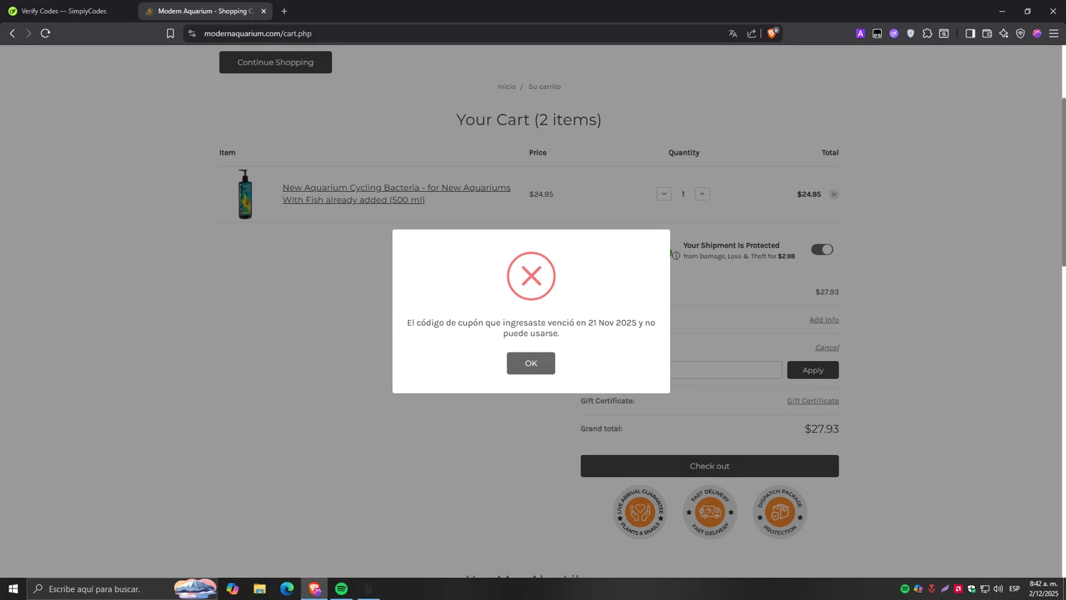 Modern Aquarium coupon code screenshot showing code BUCE10 applied at Modern Aquarium checkout page. Uploaded by SimplyCodes community member Tragedy on Dec 2, 2025