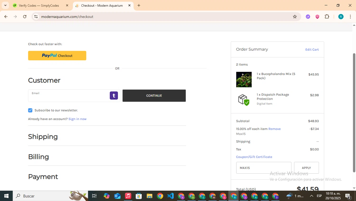 Modern Aquarium checkout page showing Modern Aquarium coupon code box | Screenshot taken by SimplyCodes community member on Oct 20, 2025