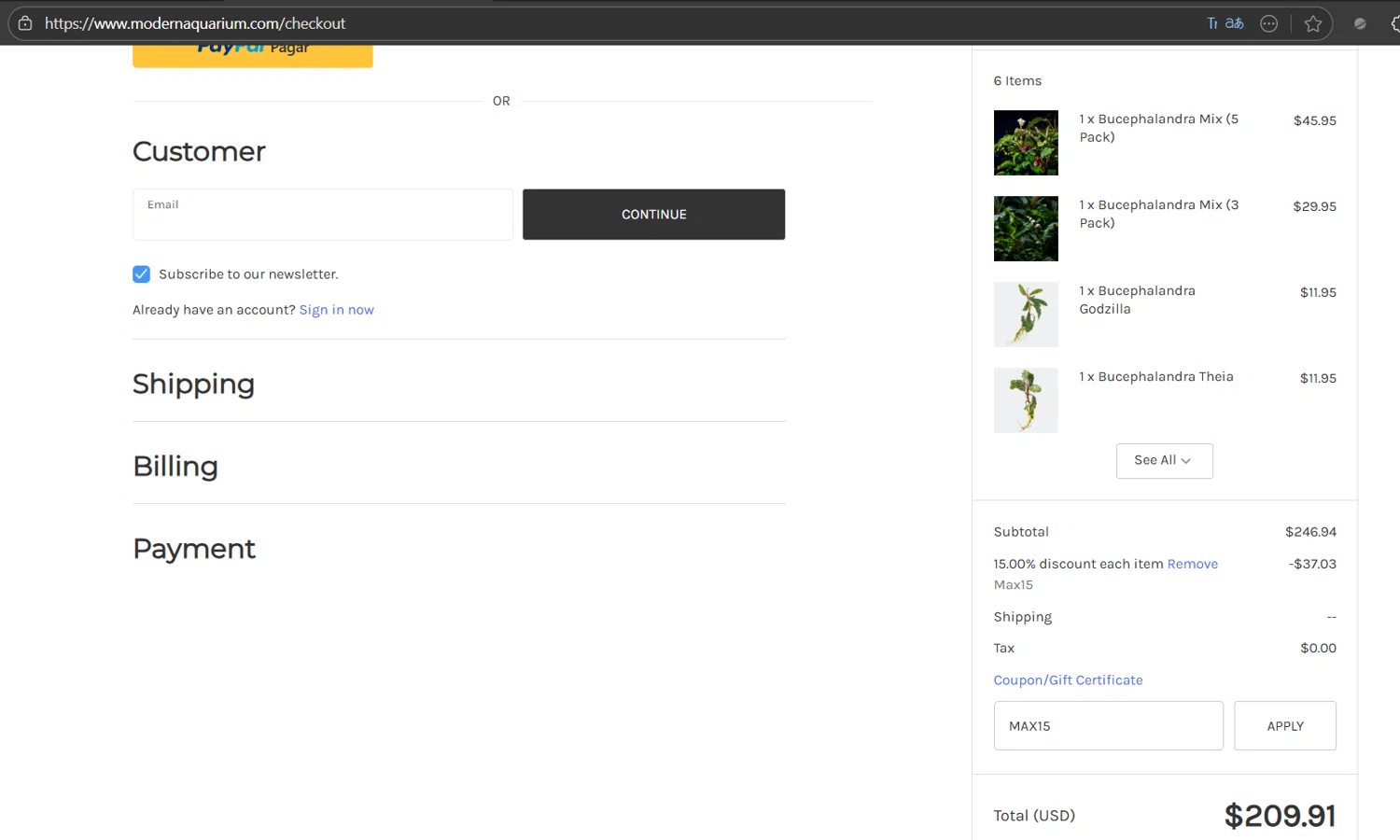 Modern Aquarium checkout page showing Modern Aquarium coupon code box | Screenshot taken by SimplyCodes community member on Nov 8, 2025