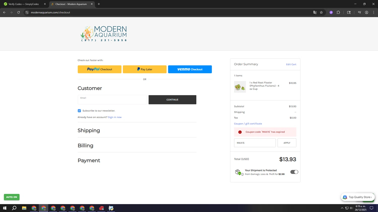 Modern Aquarium coupon code screenshot showing code MAX15 applied at Modern Aquarium checkout page. Uploaded by SimplyCodes community member aaaaaaaaaaaaaaaa on Dec 26, 2025