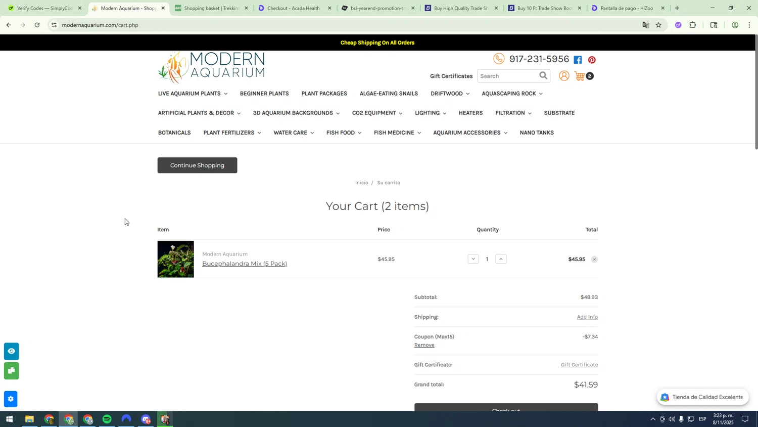 Modern Aquarium checkout page showing Modern Aquarium coupon code box | Screenshot taken by SimplyCodes community member on Nov 8, 2025