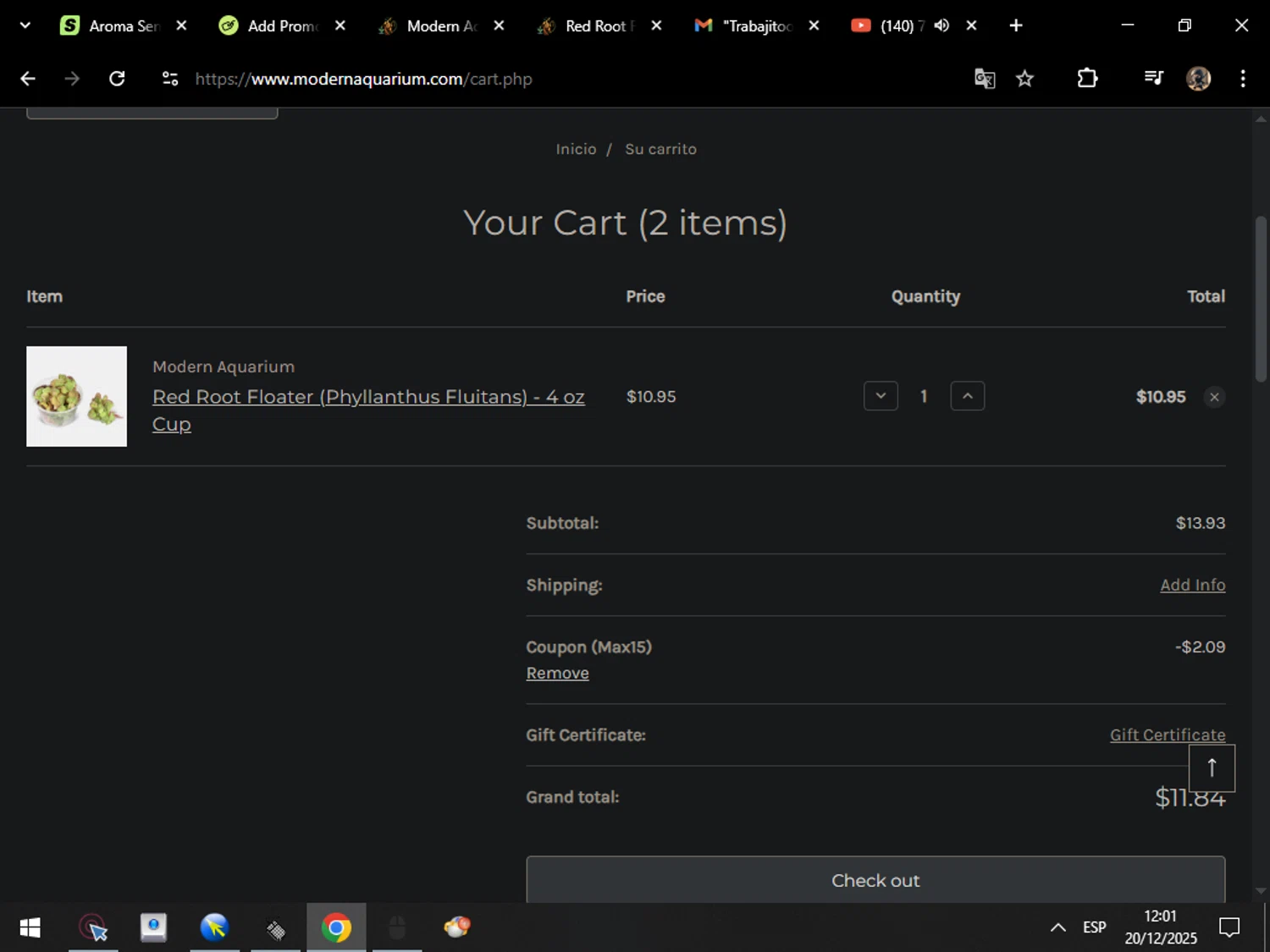 Modern Aquarium coupon code screenshot showing code MAX15 applied at Modern Aquarium checkout page. Uploaded by SimplyCodes community member MarcosAranguren on Dec 20, 2025