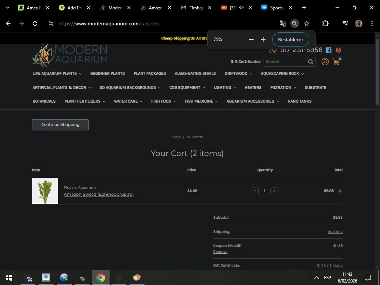 Modern Aquarium promo code screenshot showing code MAX15 applied at Modern Aquarium checkout page. Uploaded by SimplyCodes community member MarcosAranguren on Feb 6, 2026