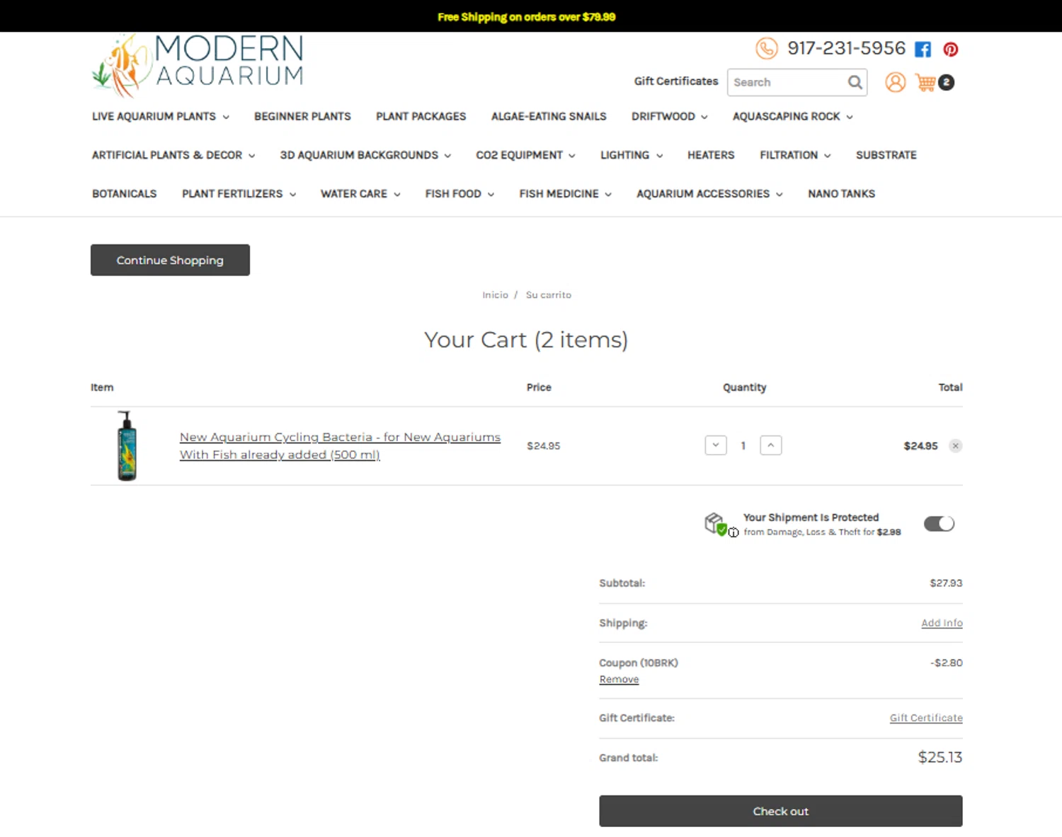 Modern Aquarium coupon code screenshot showing code 10BRK applied at Modern Aquarium checkout page. Uploaded by SimplyCodes community member ylenisjordan on Jul 24, 2025