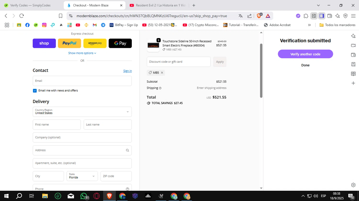Modern Blaze discount code screenshot showing code MB5 applied at Modern Blaze checkout page. Uploaded by SimplyCodes community member Sungjinwoo on Sep 18, 2025