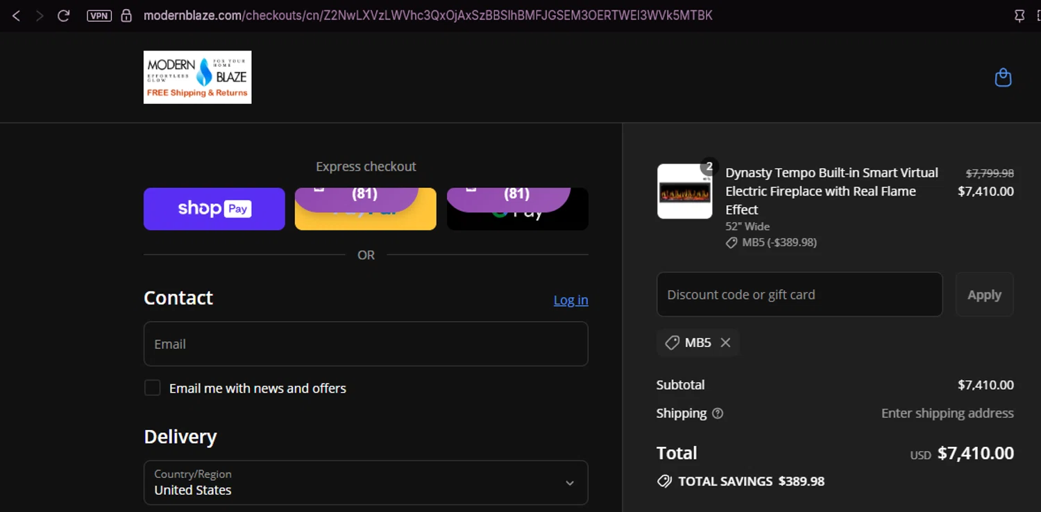Modern Blaze discount code screenshot showing code MB5 applied at Modern Blaze checkout page. Uploaded by SimplyCodes community member chepipi on Jul 16, 2025