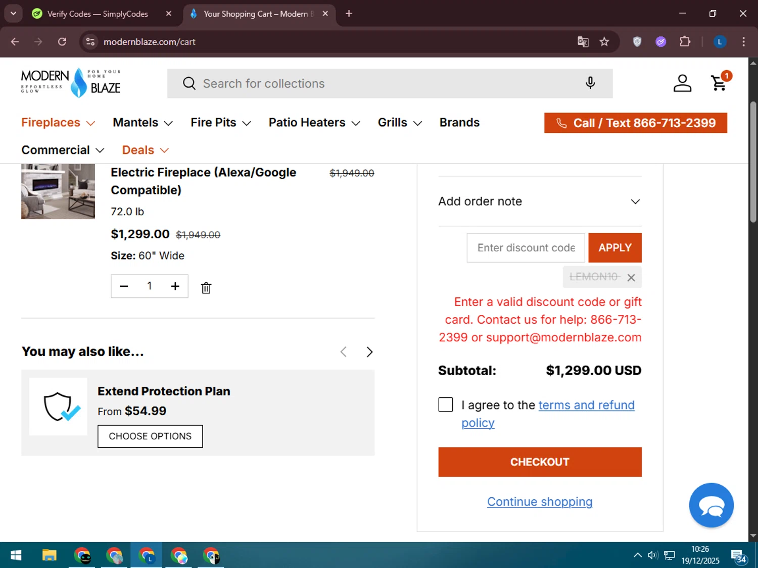Modern Blaze discount code screenshot showing code LEMON10 applied at Modern Blaze checkout page. Uploaded by SimplyCodes community member LegendaryLegend5536 on Dec 19, 2025