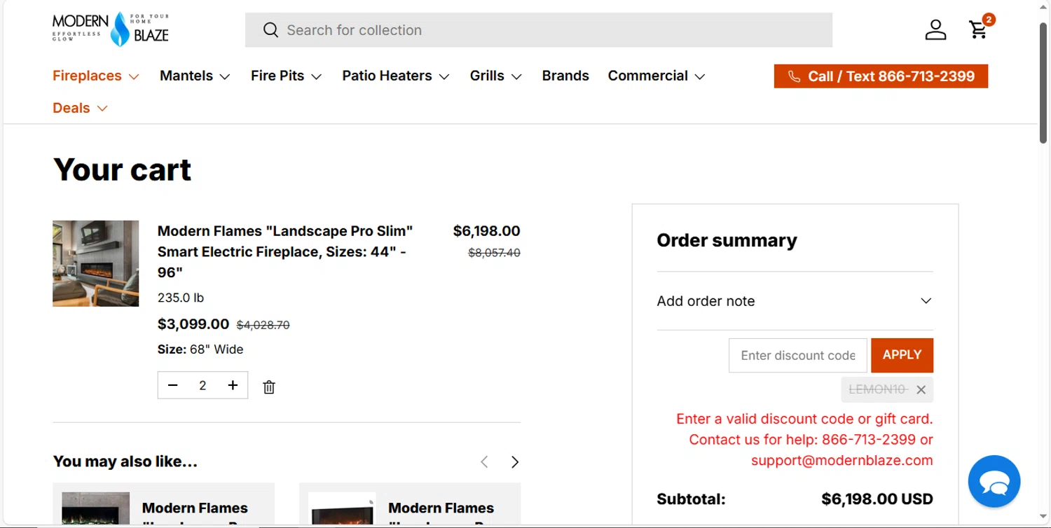 Modern Blaze discount code screenshot showing code LEMON10 applied at Modern Blaze checkout page. Uploaded by SimplyCodes community member MagnificentVirtuoso8433 on Dec 19, 2025