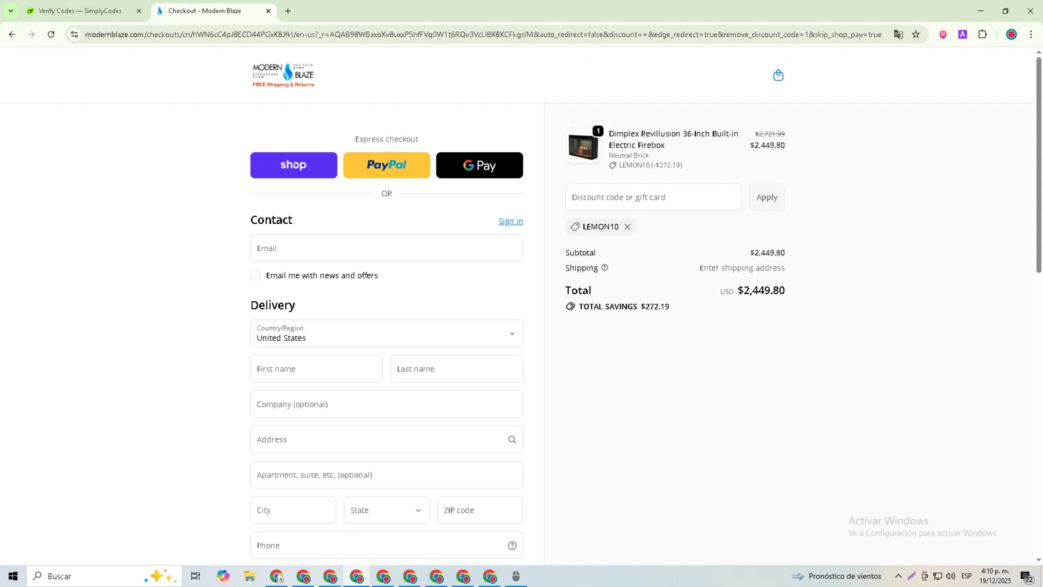 Modern Blaze discount code screenshot showing code LEMON10 applied at Modern Blaze checkout page. Uploaded by SimplyCodes community member William_Jones on Dec 19, 2025