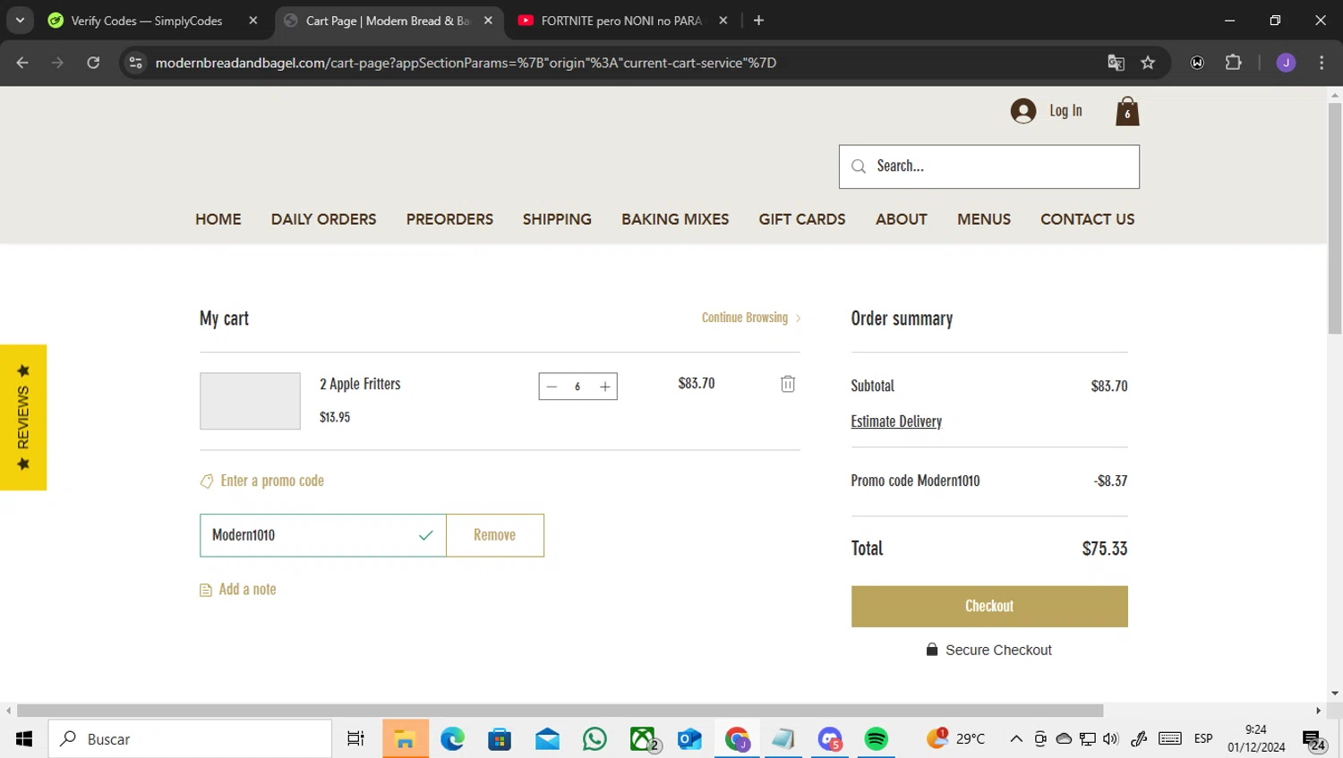 Modern Bread & Bagel checkout page showing Modern Bread & Bagel promo code box | Screenshot taken by SimplyCodes community member on Dec 1, 2024