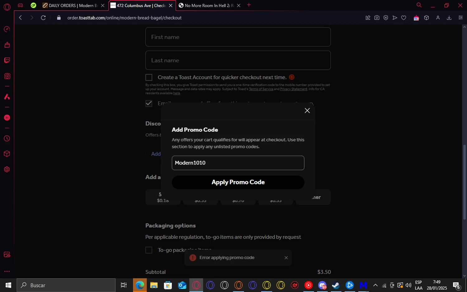 Modern Bread & Bagel promo code screenshot showing code Modern1010 applied at Modern Bread & Bagel checkout page. Uploaded by SimplyCodes community member Mondongo_ on Jan 28, 2025