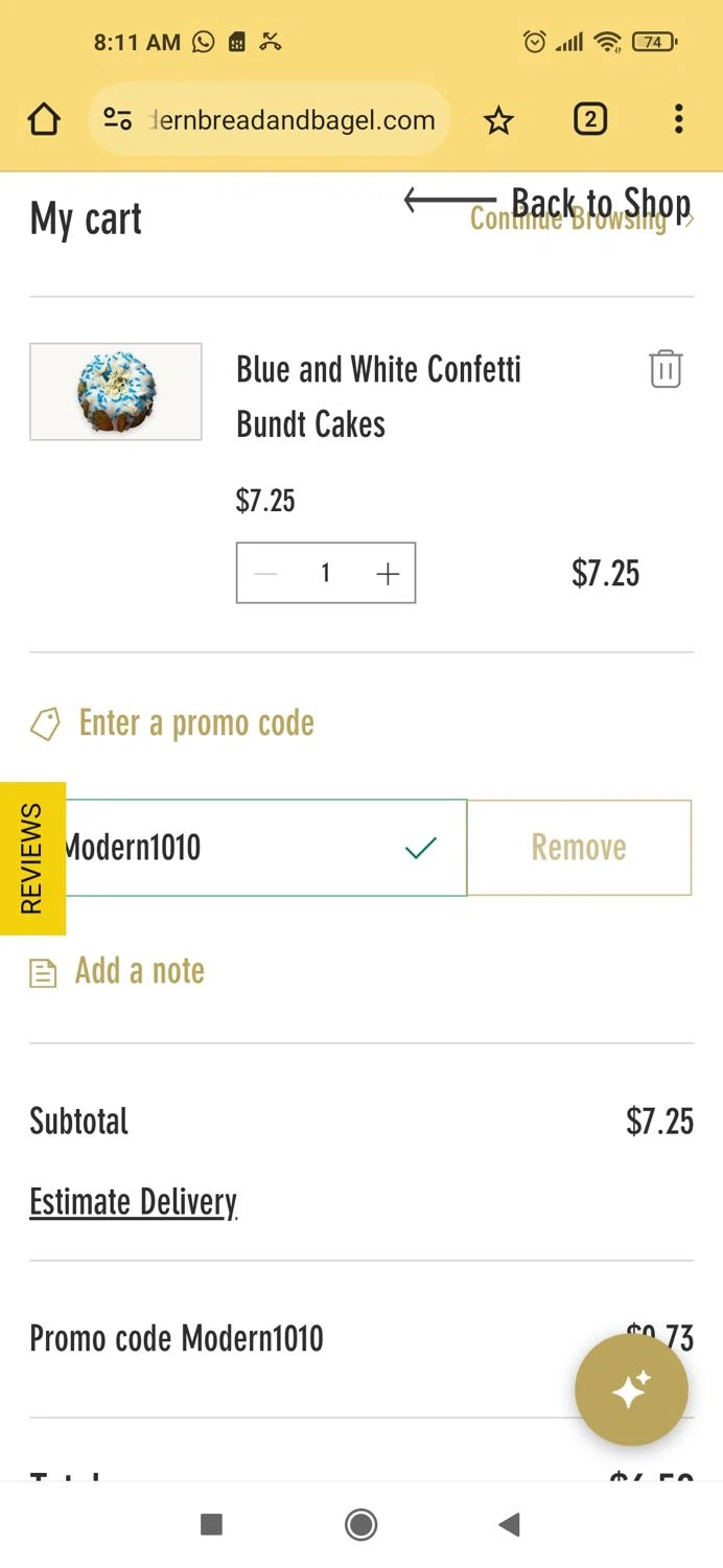 Modern Bread & Bagel checkout page showing Modern Bread & Bagel promo code box | Screenshot taken by SimplyCodes community member on Dec 30, 2024
