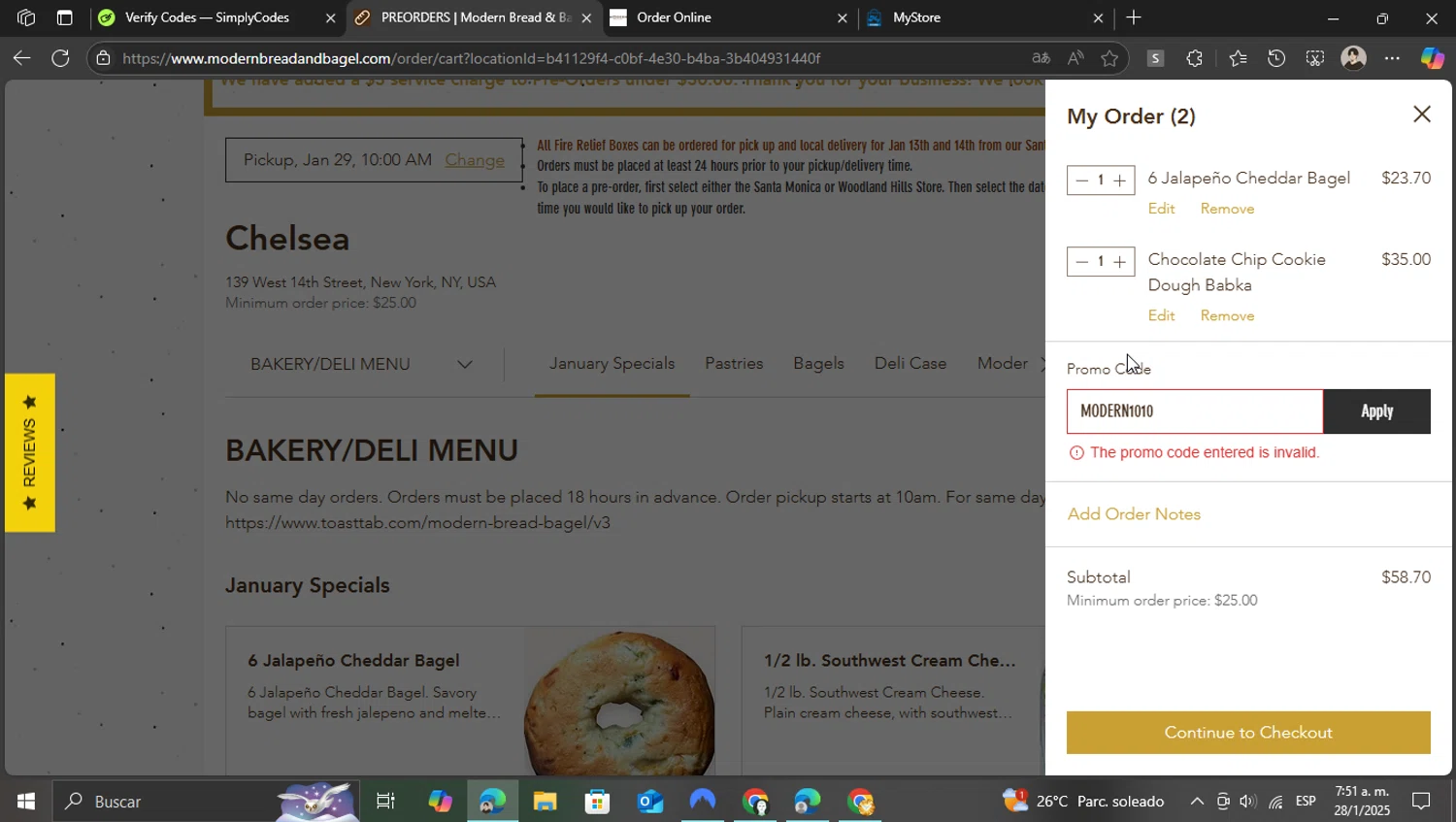Modern Bread & Bagel promo code screenshot showing code Modern1010 applied at Modern Bread & Bagel checkout page. Uploaded by SimplyCodes community member WonderKnight7884 on Jan 28, 2025