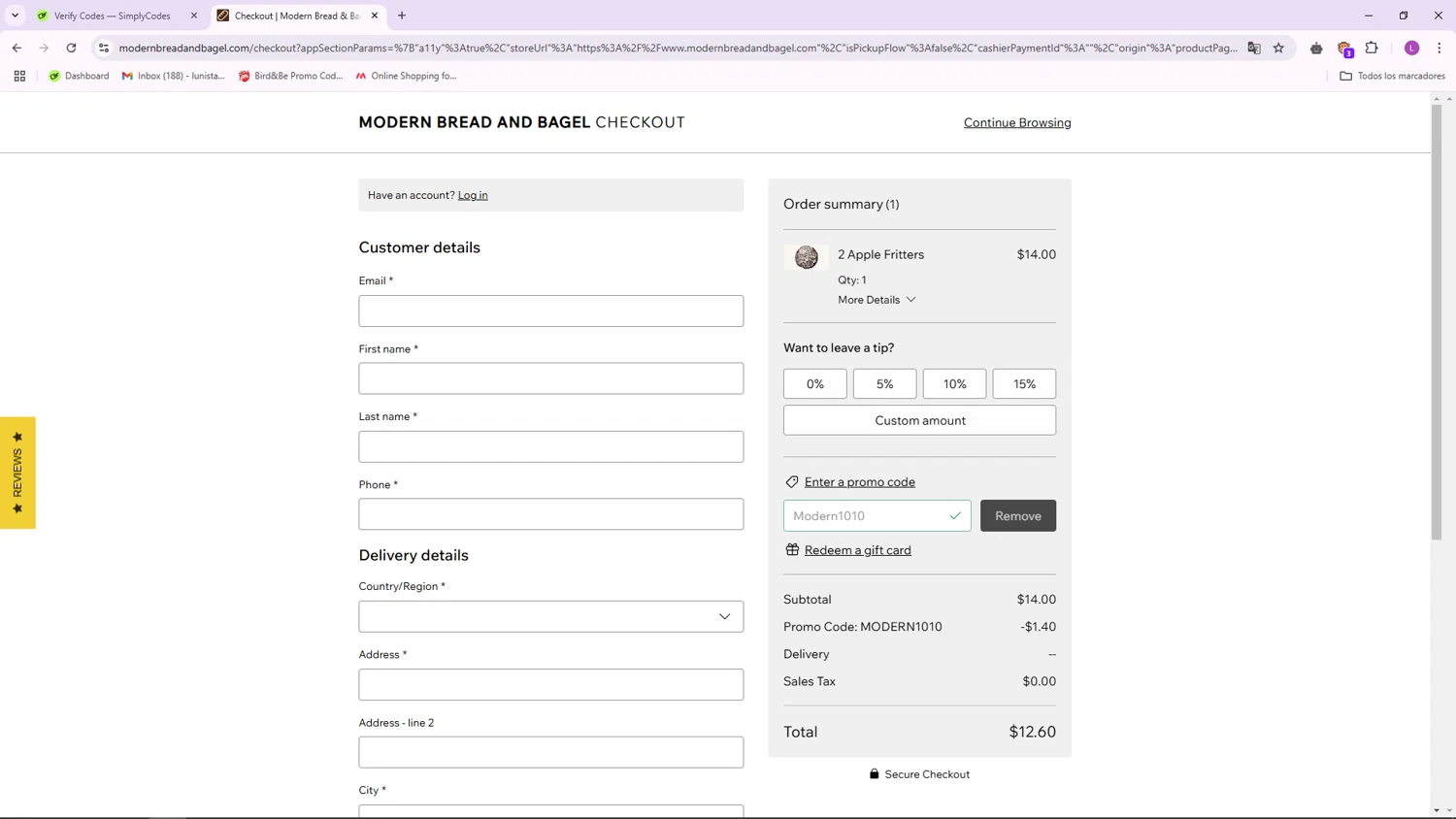 Modern Bread & Bagel checkout page showing Modern Bread & Bagel promo code box | Screenshot taken by SimplyCodes community member on Nov 2, 2024